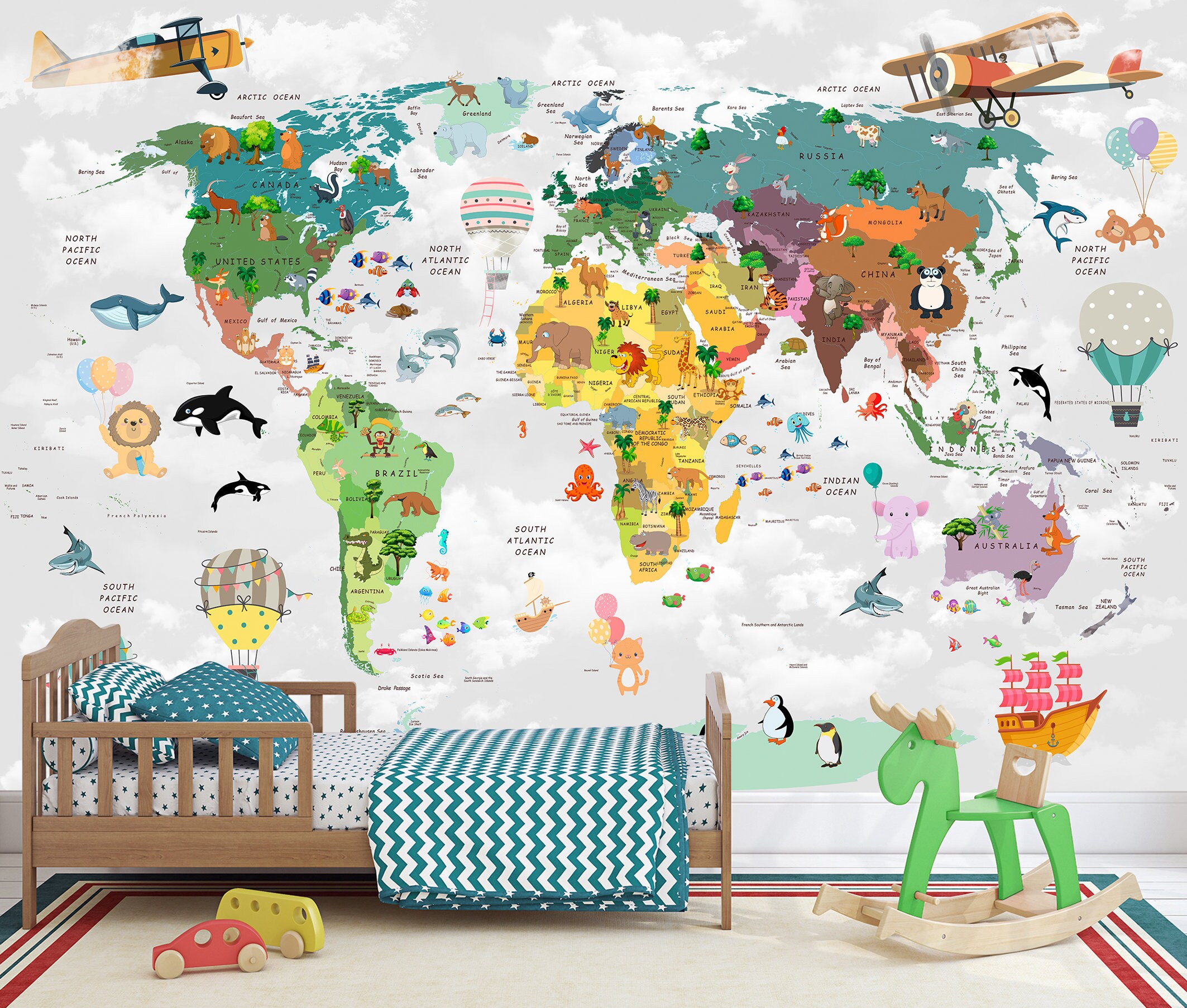 Nursery Animal World Map Mural Wallpaper - Baby Nursery Wall Decor ...