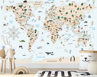 Animal World Map Kids Wallpaper Peel Stick Neutral, Unpasted Nursery ...