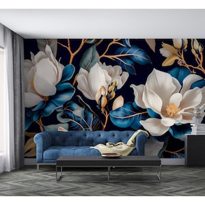 Abstrakte Magnolien-Blumen Schälen und Aufkleben-Tapete Florales botanisches Hintergrundbild Magnolien-Blüten-Illustrations-Schlafzimmer-Akzent-Wand-Dekor-Wandbild