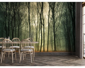 Moody Mystery Foggy Forest Wallpaper - Bedroom Living Room Dark Trees Wallcovering Peel and Stick, Unpated Wall Paper Mural