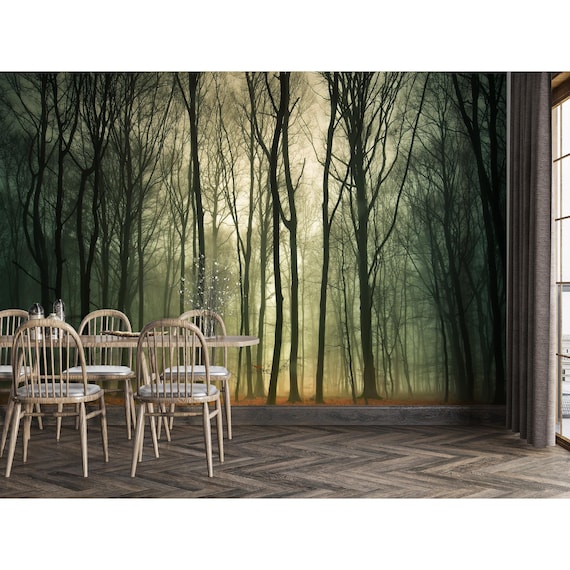 Moody Mystery Foggy Forest Wallpaper - Bedroom Living Room Dark Trees Wallcovering Peel and Stick, Unpated Wall Paper Mural