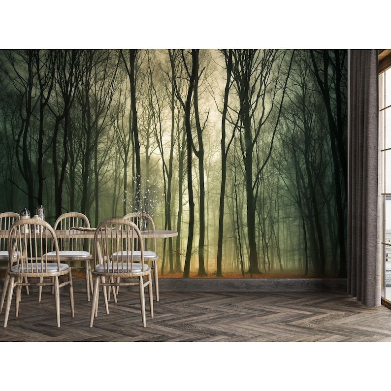Moody Mystery Foggy Forest Wallpaper - Bedroom Living Room Dark Trees Wallcovering Peel and Stick, Unpated Wall Paper Mural image 1
