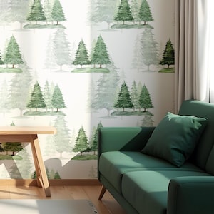 Carta da parati con albero di pino verde, carta da parati con foresta di abeti rossi acquerellata, carta da parati con natura per camera da letto e soggiorno – stacca e attacca / stampa tradizionale