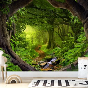 Carta da parati murale giungla tropicale, carta da parati murale per cameretta dei bambini, foresta magica verde, carta da parati autoadesiva, stacca e attacca, carta da parati murale per sala giochi della camera dei bambini