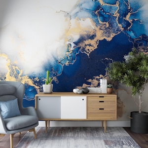 Mural de papel pintado de mármol azul, arte abstracto de pared azul marino, decoración de pared autoadhesiva de arte fluido, mural de pared grande de lujo, mural moderno para sala de estar