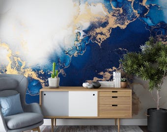 Blue Marble Wallpaper Mural, Navy Abstract Wall Art, Fluid Art Peel and Stick Wall Decor, Large Luxury Wall Mural, Modern Living Room Mural