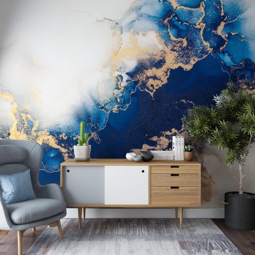 Tapete Wandbild Blauer Marmor, Abstrakte Wandkunst, Großes Luxus Wandbild, Modernes Wohnzimmer Wandbild