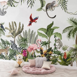 Carta da parati con foresta pluviale tropicale e giungla con animali esotici, sala giochi, cameretta dei bambini, decorazione da parete per bambini, cameretta dei bambini, carta da parati moderna murale staccabile e incollabile