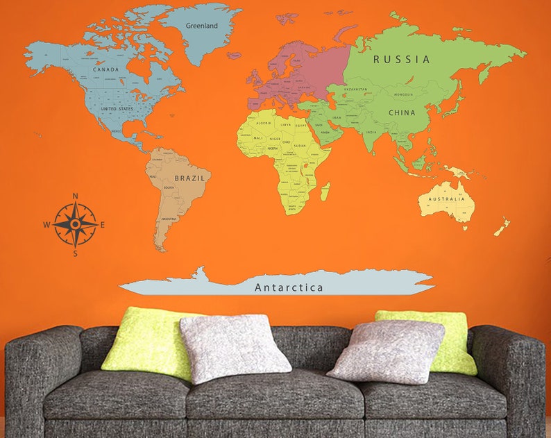 World Map Wall Art Map Decal Detailed World Map Travel Map Map Etsy