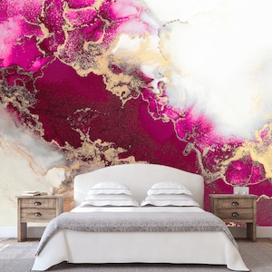 Hot Pink Wallpaper Accent Wall Mural Peel and Stick Adhesive or Traditional Wallpaper Abstract Marble Wavy Pattern Modern Wallpaper Print