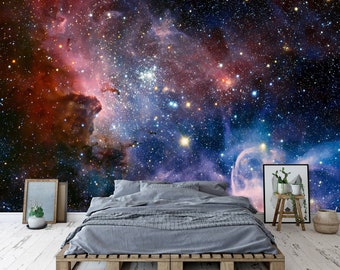 Fairy Nebula Space Wallpaper Peel and Stick Space Wall Mural Kids Bedroom Wallpaper Stars Wall Murals Playroom Living Room Accent Wall Decor