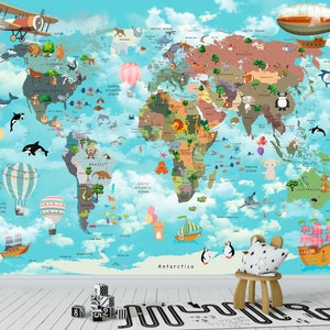 May include: A colorful world map with animals and cartoon illustrations. The map is on a blue background with white clouds. There are hot air balloons, a plane, and a ship on the map. The map is surrounded by a white border.