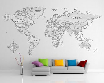 Wall World Map Decal Living room decor Map of World wall art Bedroom decor Travel map wall art Home wall decor Classroom decor School decor