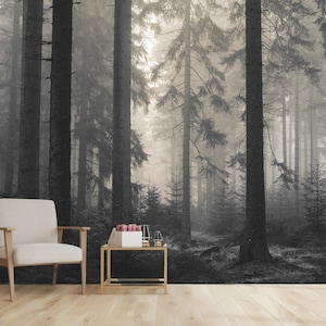 Dark Foggy Forest Wallpaper Peel and Stick \ Traditional | Misty Trees Wallpaper Mural Modern Wall Decor Bedroom Living Room Wallpaper Moody image 2