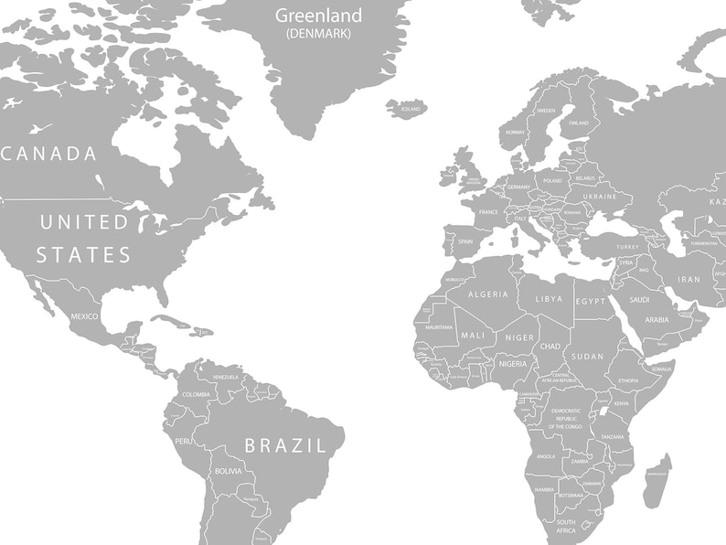 Vinyl Printed \u0421olorful titles Gray World map Poster Detailed Map Decal Print Map with countries Push pin World map decal Map of world decor