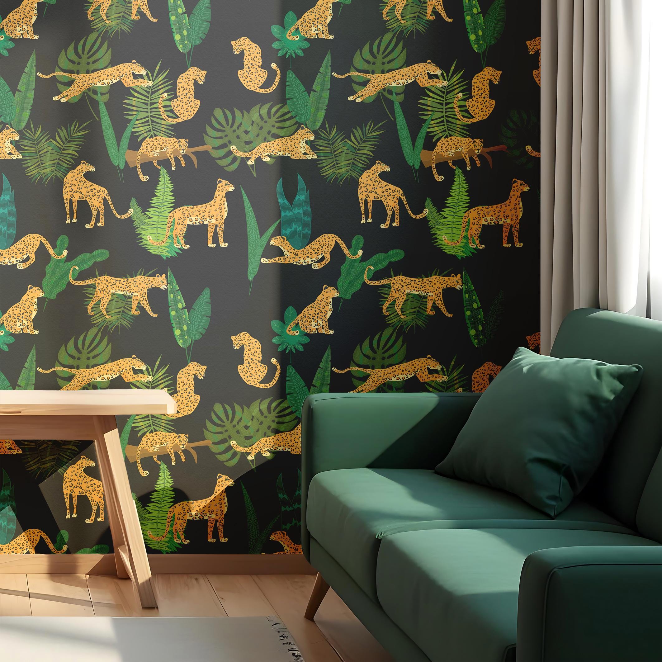 Leopard Jungle Wallpaper | Dark Botanical Peel and Stick Mural | Exotic ...