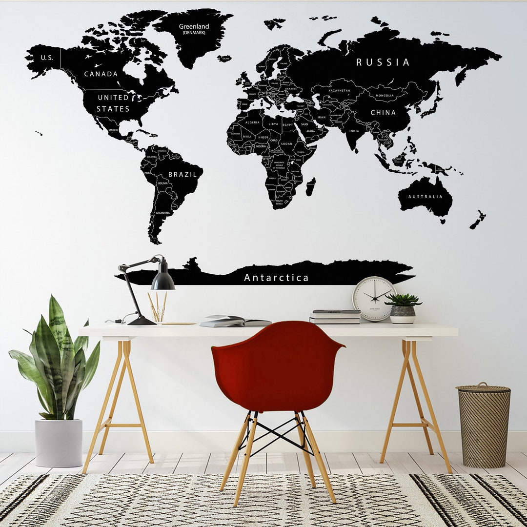 World Map Wall Decal Black World Map Wall Sticker Detailed Political