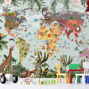 Coole bunte Animal World Map Tapete für Kinderspielzimmer-Kinderzimmer-kreativer Akzent-Wand-Dekor Kinder-Tapeten-Wandbilder Großes Wand-Kunst-Abziehbild