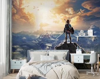 Video Game Wall Mural Zelda Breath of Wild Wallpaper Peel & Stick Playroom Wall Decor Legend of Zelda Gaming Mural Custom Size Wall Print