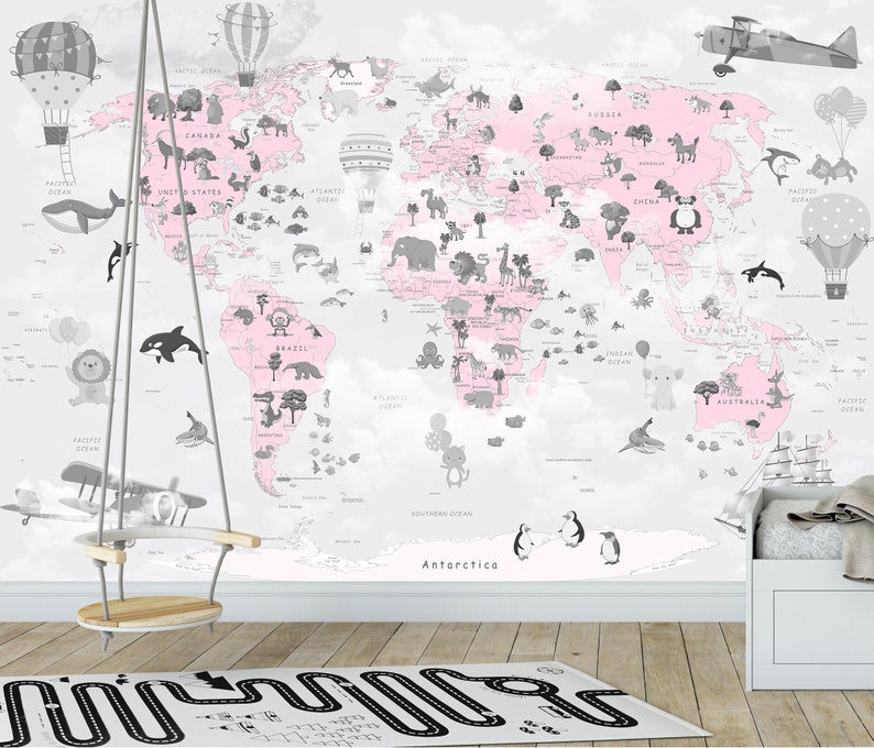Pink World Map For Kids Playroom Decor Wall Mural Peel and Etsy