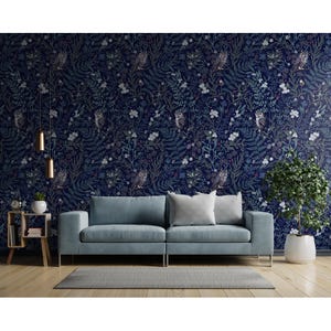 Carta da parati botanica gufo, decorazione da parete vintage con foresta magica, carta da parati blu scuro, carta da parati staccabile e adesiva, carta da parati moderna, parete botanica scura