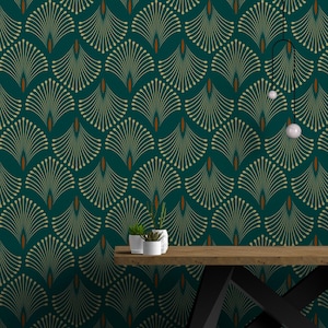 Art Deco Tapete - Pfauenfächer Tapete - Smaragdgrüne Tapete - Handgezeichnete Vintage-Tapetenrollen - Schälen und Aufkleben / Traditionell