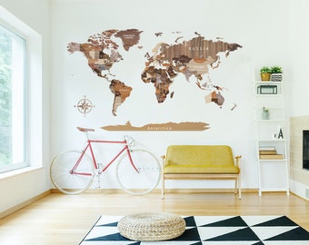 World Map Decal Vinyl Wall Sticker Push Pin Wall Map Print Wall Decor Wood World Map Art Decal World Map Wall Sticker Travels Wall Art Decor