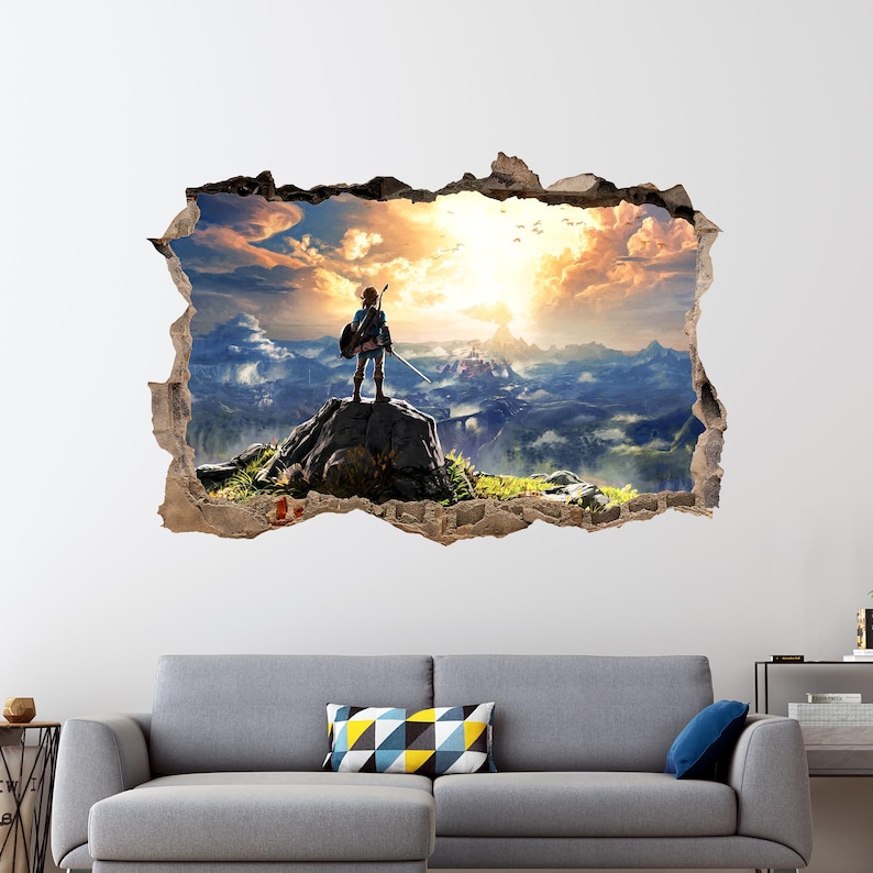 Puede incluir: Un vinilo decorativo con efecto 3D que muestra un agujero en la pared revelando un paisaje. Una figura se encuentra sobre un acantilado rocoso con vistas a un valle con monta&ntilde;as, un castillo a lo lejos y un cielo al atardecer con nubes.