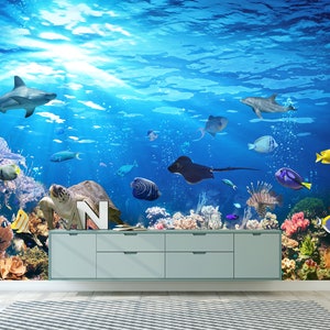 Underwater Wallpaper Mural Colorful Fish Wallpaper Coral Reef Wallpaper Sea Life Wallpaper Ocean Wallpaper Blue Sea Wall Mural Sea Art Decor
