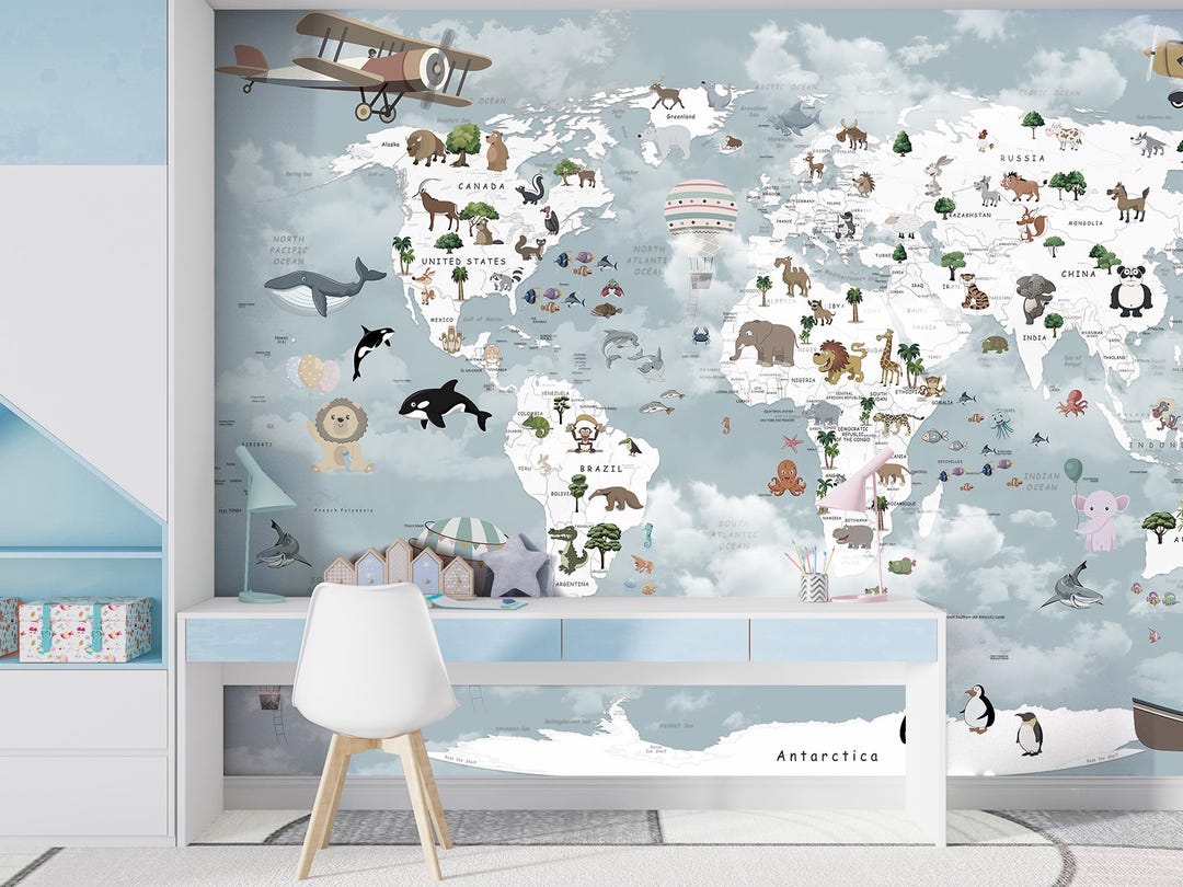 Kids Peel and Stick Wallpaper Mural Cute Animal World Map Wallpaper ...