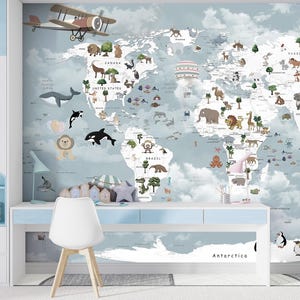Kinderzimmer Wandbild zum Schälen und Aufkleben, niedliche Tierweltkarte, Tapete, Kinderzimmer, Wanddekor, Kinderspielzimmer, Tapete für Kinderzimmer, Wandbilder