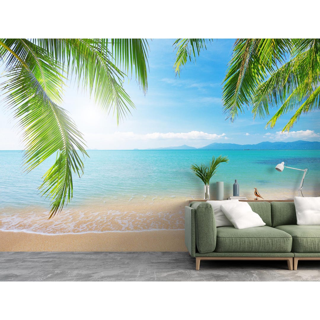 Exotic Sea Island Beach Wallpaper Palm Trees Mural Peel and Stick Vinyl ...