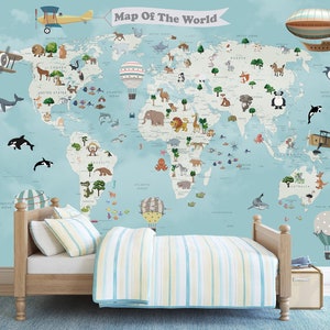 Carta da parati per bambini, mappa del mondo, stacca e attacca, mappa educativa dettagliata del mondo, decorazione da parete per camera da letto dei bambini, carta da parati murale per sala giochi, stampa