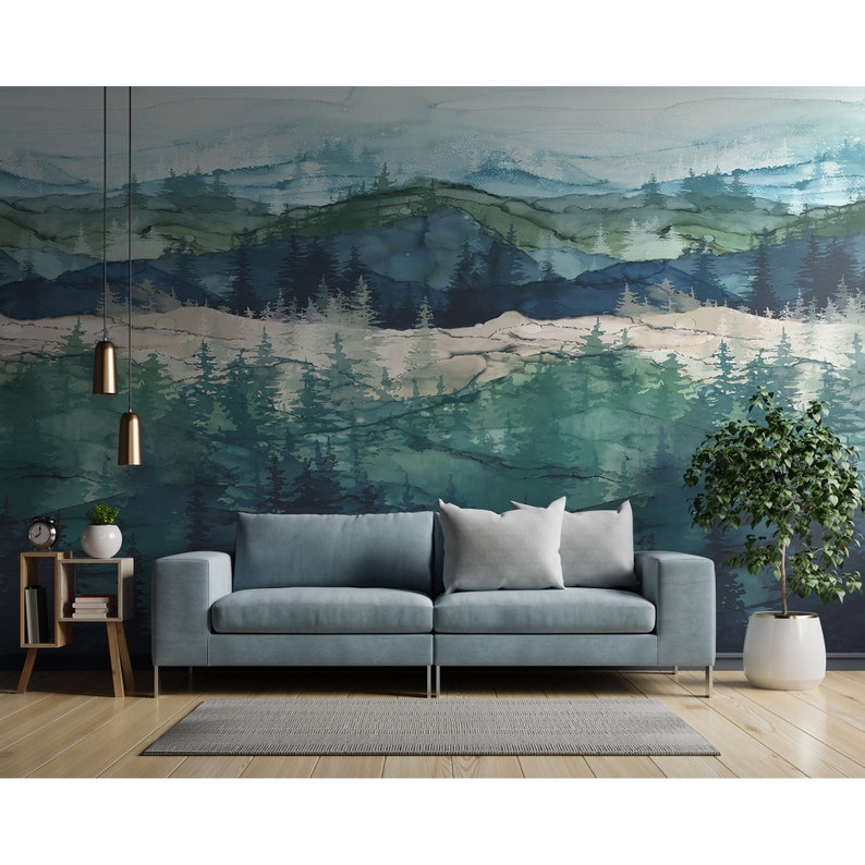 Watercolor Forest Trees Abstract Peel and Stick Wall Mural Wallpaper ...