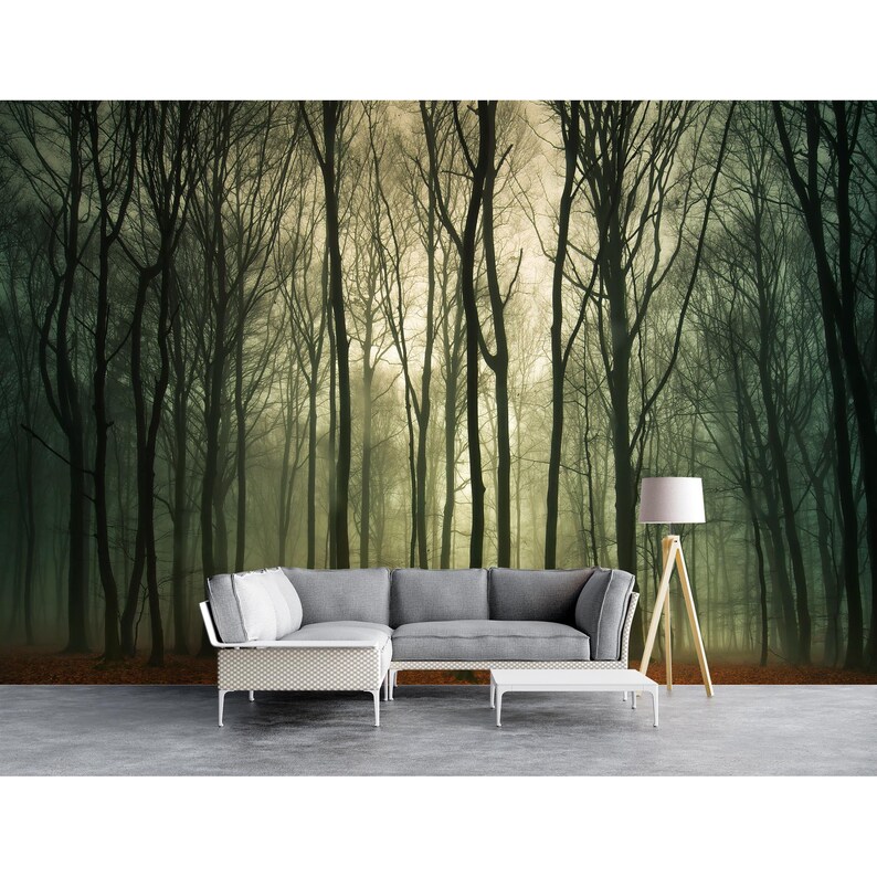 Moody Mystery Foggy Forest Wallpaper - Bedroom Living Room Dark Trees Wallcovering Peel and Stick, Unpated Wall Paper Mural image 10