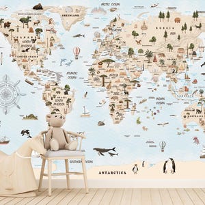 Papier peint aquarelle Papier peint carte du monde pour enfants Papier peint bleu sable Papier peint pour chambre d'enfants Papier peint pour chambre d'enfant Cadeaux pour enfants