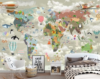 Colorful Animal Map Peel and Stick Wallpaper for Kids Room Mural | Nursery Wall Decor