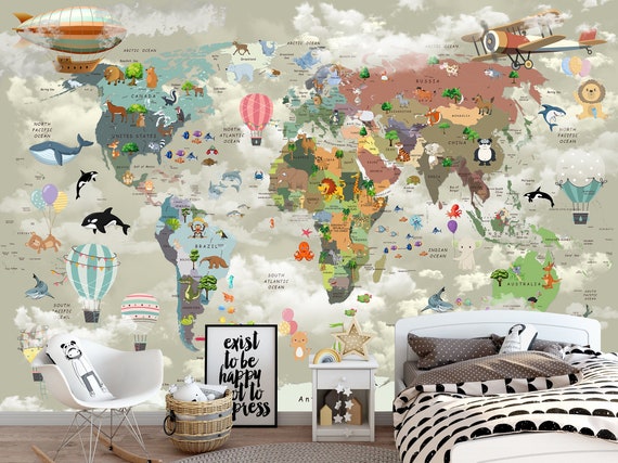 Colorful Animal Map Peel and Stick Wallpaper for Kids Room Mural | Nursery Wall Decor