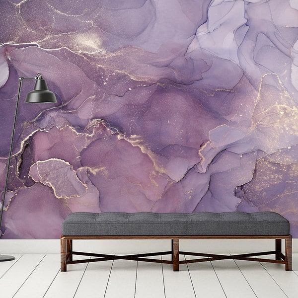 Purple Wavy Pattern Wall Mural Wallpaper Peel and Stick Marble Wall Print Lilac Violet Gold Shade Wallpaper Abstract Accent Wall Decoration