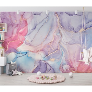 Pink Purple Blue Wall Mural Wallpaper Peel and Stick Colorful Kids Wallpaper Twins Baby Room Wallpaper Modern Abstract Marble Art Wallpaper