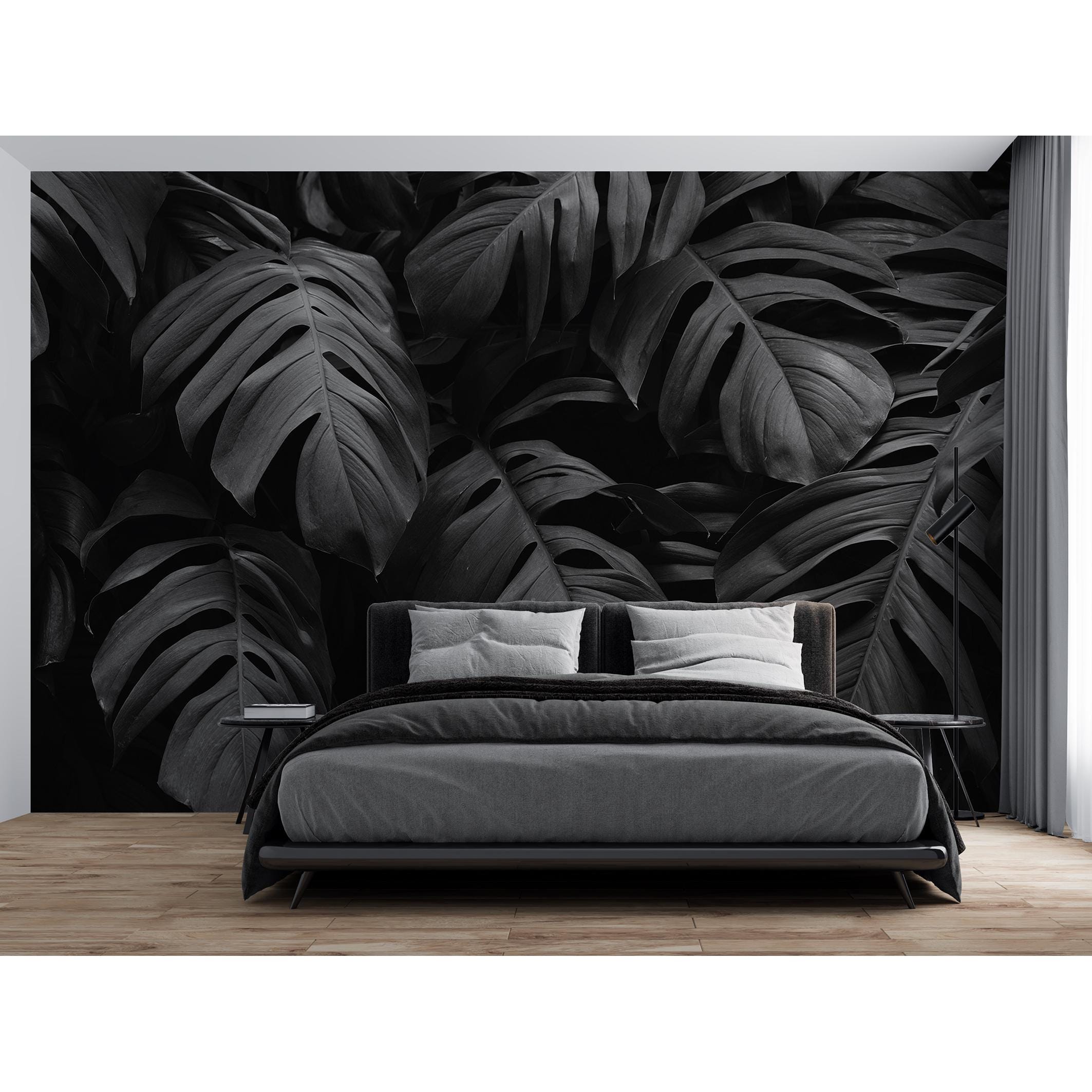 Black Tropical Leaves Mural Dark Botanical Wallpaper Peel and Stick ...