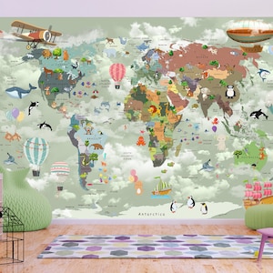 Nursery World Map Mural Wallpaper Educational Art World Map Peel and Stick World Map with Animals Kids Wall Decor Childrens Room Wallpaper