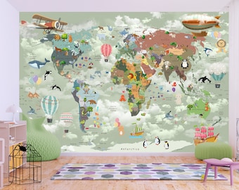 Nursery World Map Mural Wallpaper Educational Art World Map Peel and Stick World Map with Animals Kids Wall Decor Childrens Room Wallpaper