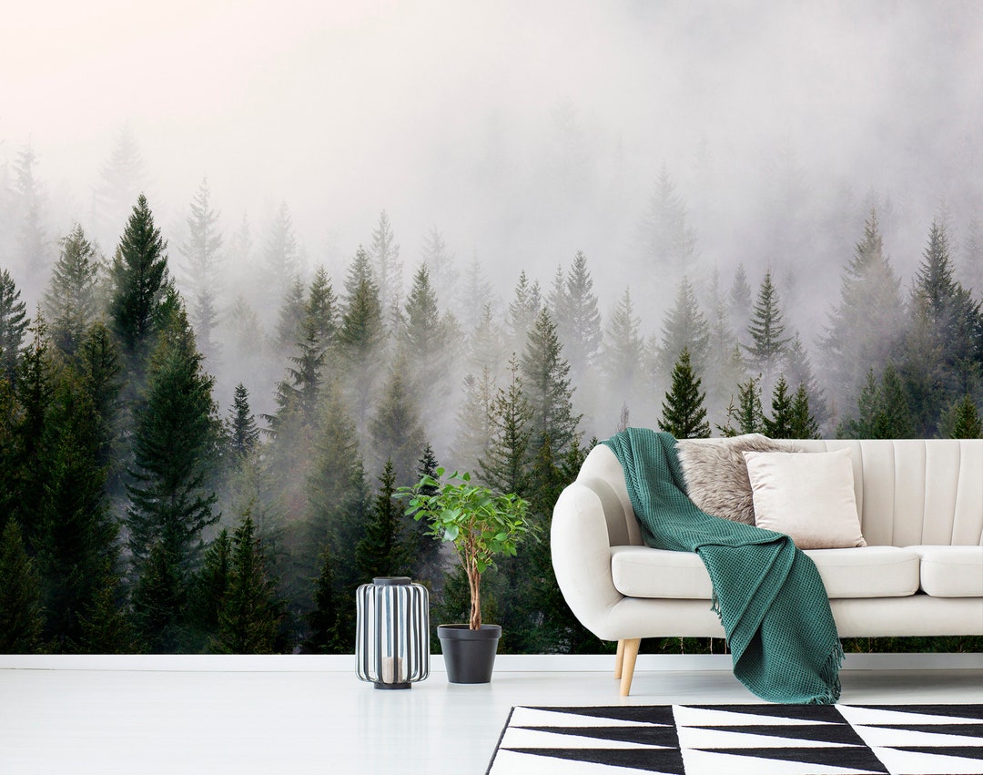 Mural Foggy Forest Landscape Wallpaper Peel and Stick Misty Woodland ...