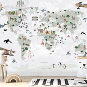 Carta da parati per camerette dei bambini, staccabile e adesiva, mappa del mondo con animali educativi, carta da parati per sala giochi, carta da parati per bambini, murale con viaggi per bambini, decorazioni per camerette dei bambini