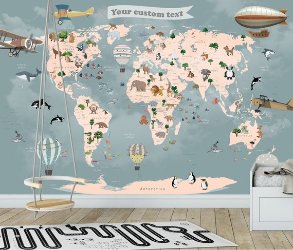Personalized Wallpaper World Animal Map Kids Name Peel and - Etsy Personalized Wallpaper World Animal Map Kids Name Peel and - Etsy