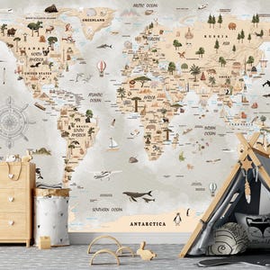 Papel tapiz para niños, mural de mapa del mundo, impresión de mapa del mundo, arte de pared, decoración de habitación infantil, mural de pared para niños, papel tapiz para paredes infantiles, mapa del mundo para guardería