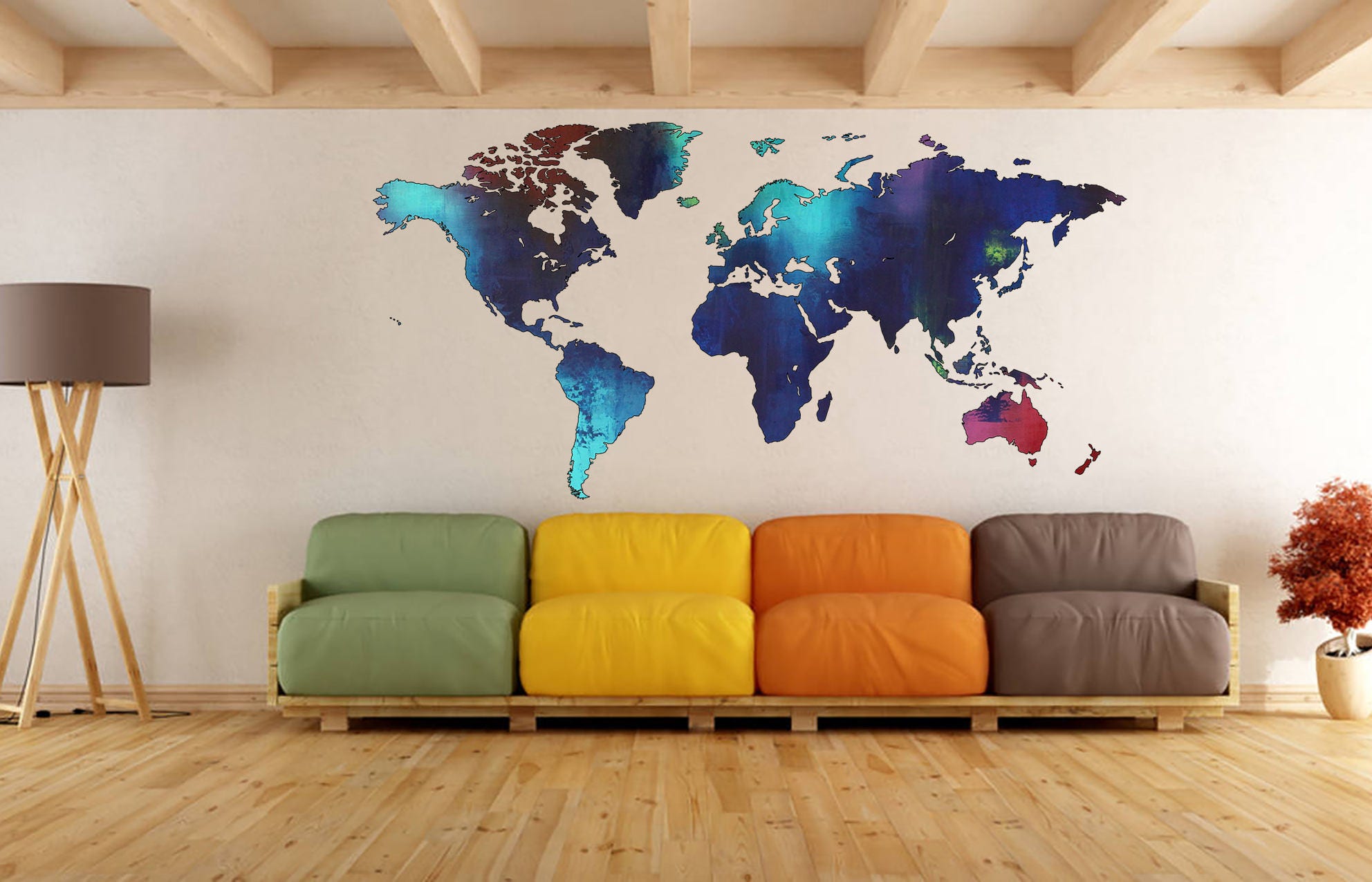 World Map Large Wall Sticker Map Wall Decal Modern Abstract Etsy