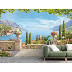 Murale sul mare mediterraneo - Carta da parati panoramica Italia Peel and Stick / Tradizionale - Carta da parati panoramica con vista sul mare dal balcone della Toscana