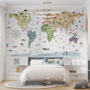 Kinder Tapete Wandbild Bunte Aquarell Tier Weltkarte Kinderzimmer Spielzimmer Wand dekor zum Abziehen und Aufkleben / Traditionelle Tapete